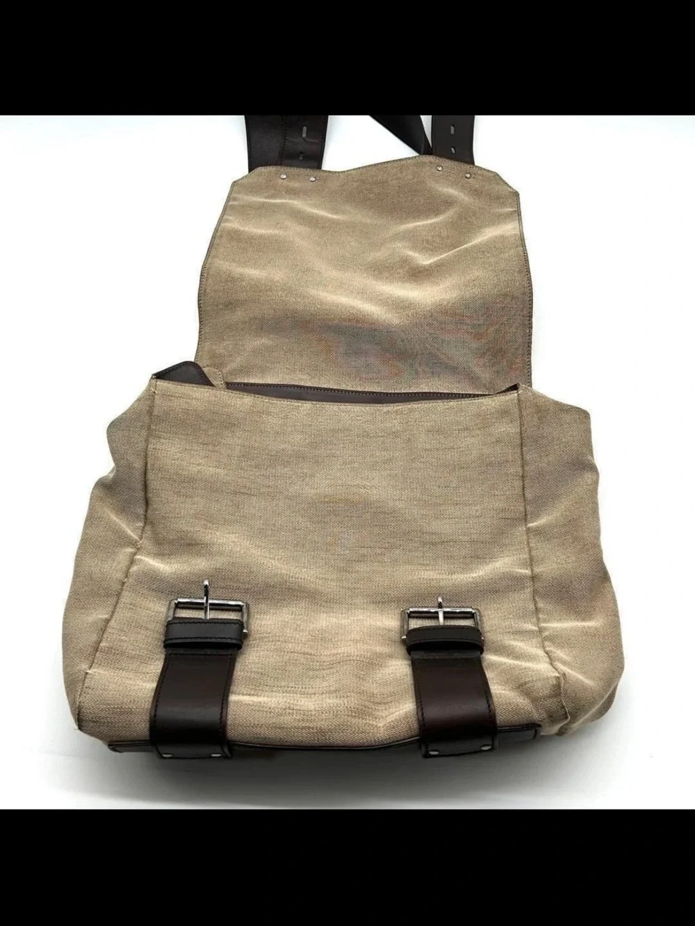 Gucci Beige Canvas Messenger Bag with Dark Brown Leather Strap